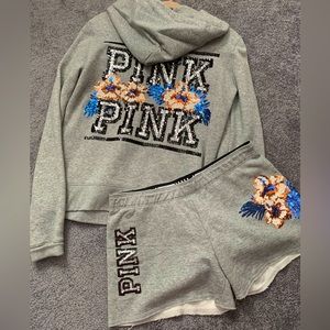 VS Pink hibiscus flower bling sequin hoodie and shorts set